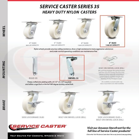 Service Caster 8 Inch Heavy Duty Nylon Caster Set with Ball Bearings, 4PK SCC-35S820-NYB-4